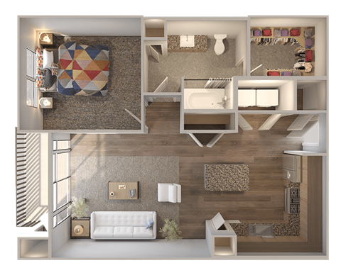 Floor plan for 1 bed, 1 bath, 747 sqft